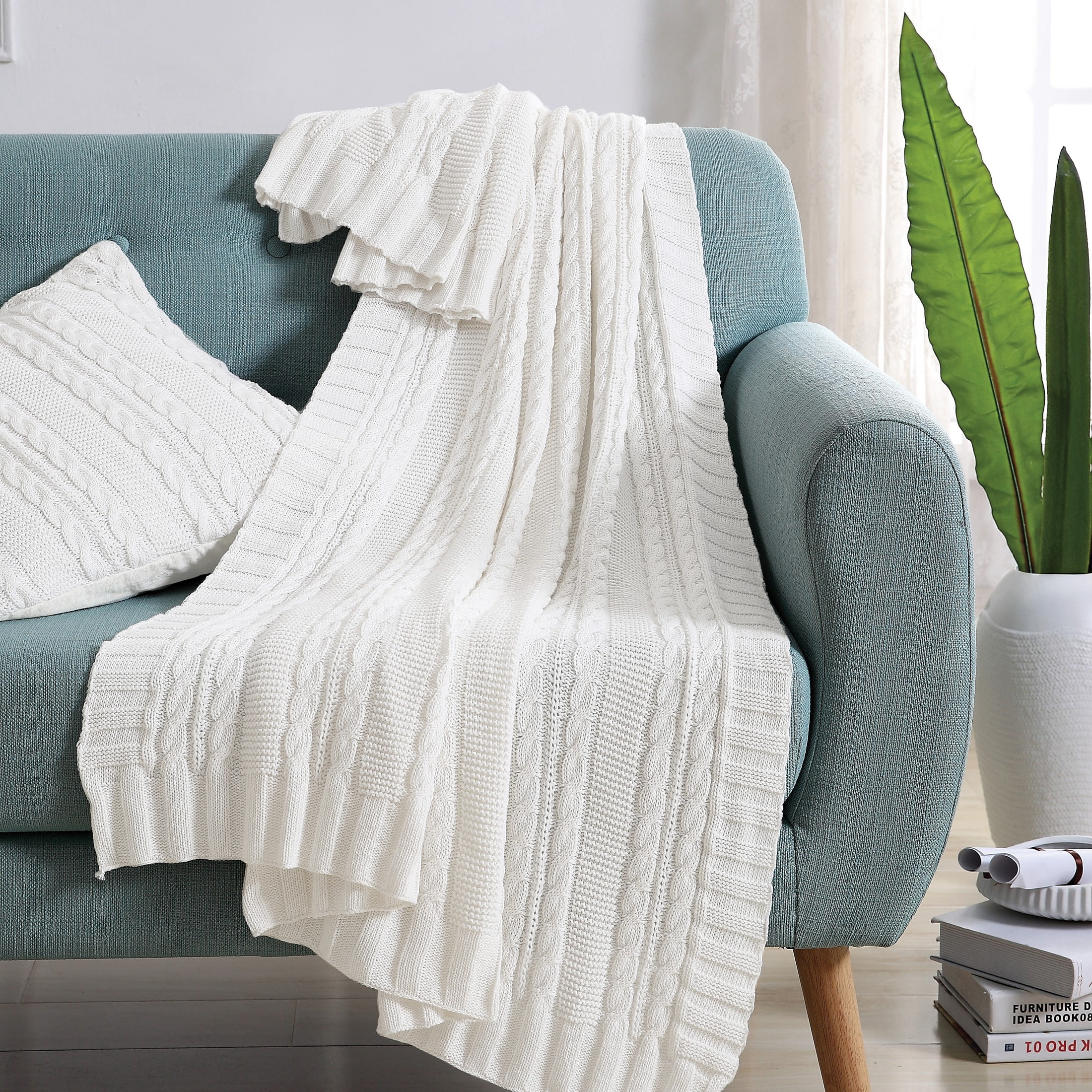 VCNY Home Dublin White Cable Knit Cotton Throw, 50" x 70"