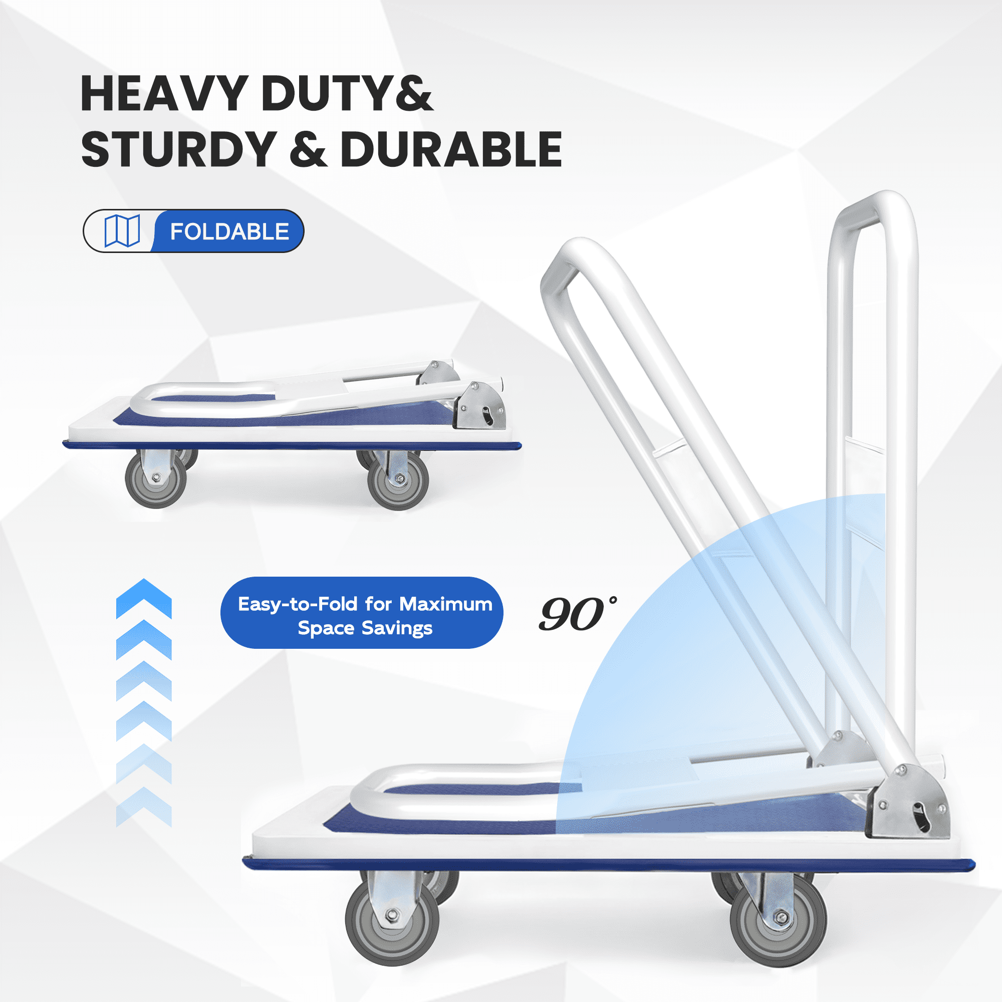 M BUDER Folding Hand Truck, Push Dolly 450 LBS Weight Capacity, Foldable Platform Truck for Luggage, Travel, House, Office, Blue and White 28.3