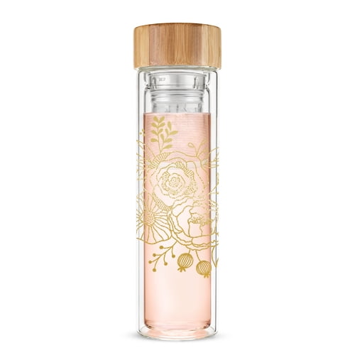 Pinky Up Blair Travel Infuser Mug, Double-Walled Glass, Stainless Steel Strainer, 16 Oz, Bouquet