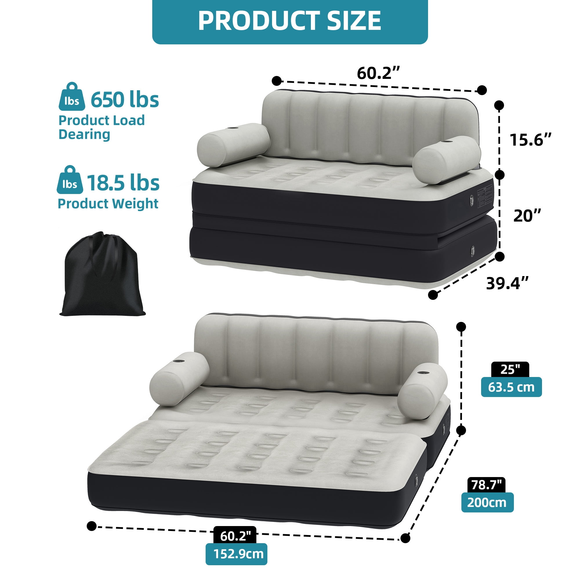 Uforic Queen Air Sofa Bed Mattress with Headboard & Pump for Home Camping Guests, Gray