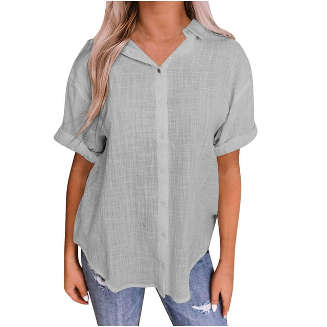 Vestidos Casuales Para Mujer, Blusas De Mujer De Moda Blusa de verano tipo túnica de lino con botones y manga corta y cuello en V para mujer