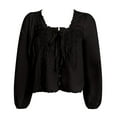 thumbnail image 4 of Women Summer Tops Tie Front Lace Tops For Women Trendy Ruffle Trim V Neck Chiffon Blouses Sheer Peplum Long Sleeve Button Shirts Womens Shirt with Buttons Scrub Long Sleeve Fitted Blouse Black S, 4 of 4