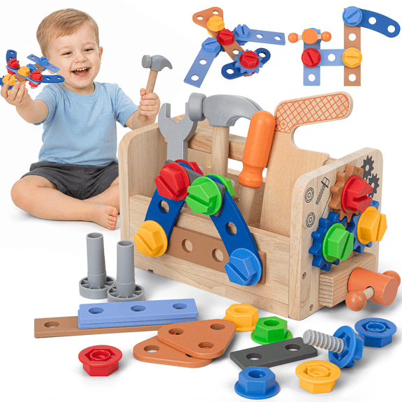 XUEYU Wooden Kids Tool Set – 38 PCS Educational Construction Toy with Tool Bench, Montessori Toddler Tool Box, STEM Gift for Boys & Girls