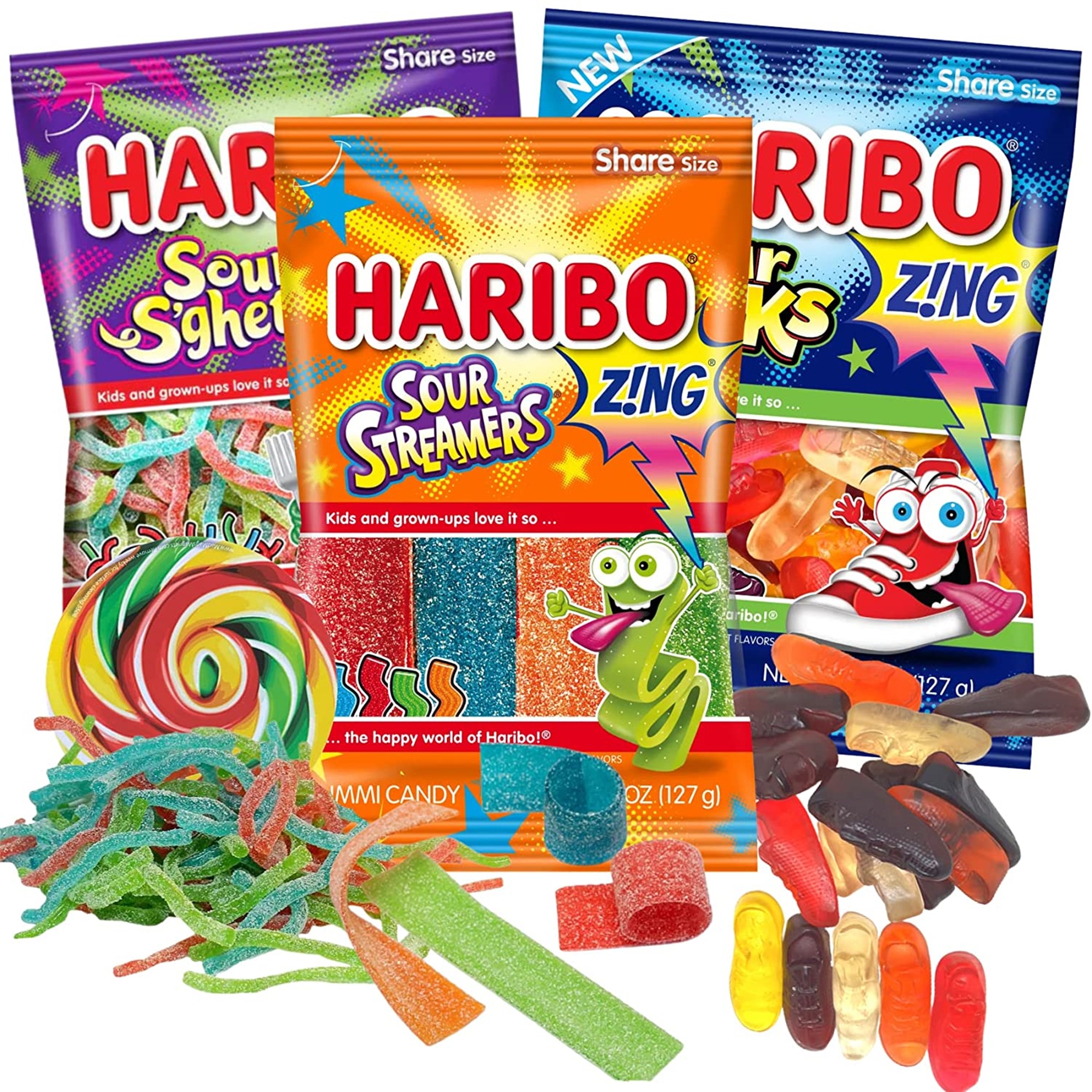 Haribo Extreme Sour Candies Assortment, Sour Streamers, S'ghetti, and