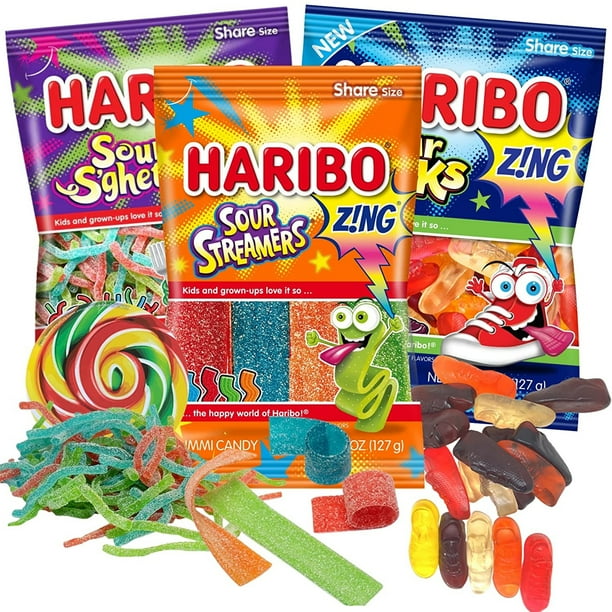 Haribo Extreme Sour Candies Assortment, Sour Streamers, S'ghetti, and
