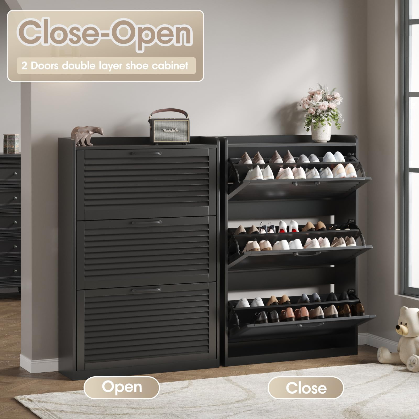 VEANERWOOD Shoe Storage Cabinet with 3 Flip Louvered Doors, Shoe Cabinet for Entryway, Narrow Shoe Rack Cabinet, Black