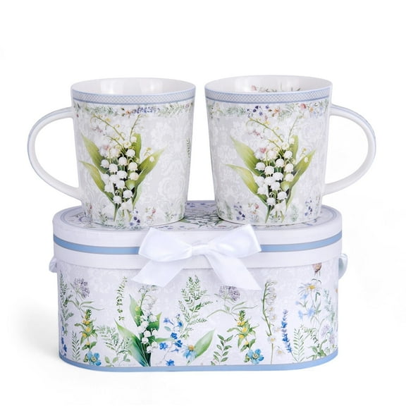 STP GOODS Lily of the Valley Bone China Mug Set of 2 in Gift Box 10.14 fl oz (300 ml) Floral Mugs Coffee and Tea Mugs for Latte Cocoa Chocolate, White and Green