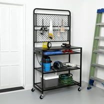 Honey-Can-Do 3-Shelf Steel Rolling Garage Workstation with Power and Storage Grid, Black