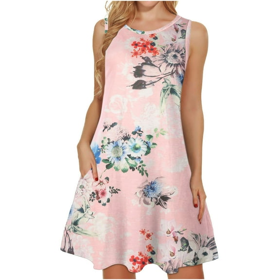 JGTDBPO Summer Dresses For Women Casual Loose Tank Dresses Sleeveless Beach Vacation Dress Swing T Shirt Sundress Cover Up Loose Dress With Pockets