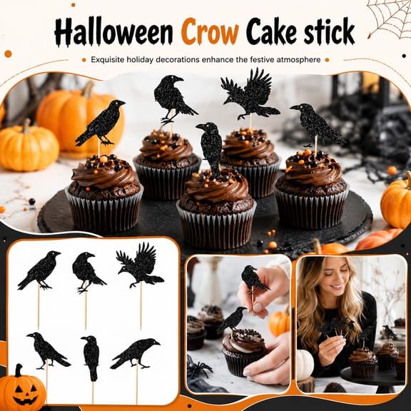 12 Pcs Black Crow Cupcake Toppers Glitter Raven Halloween Cupcake Picks for Horror Crow Halloween Theme Birthday Party Cake Decorations Supplies