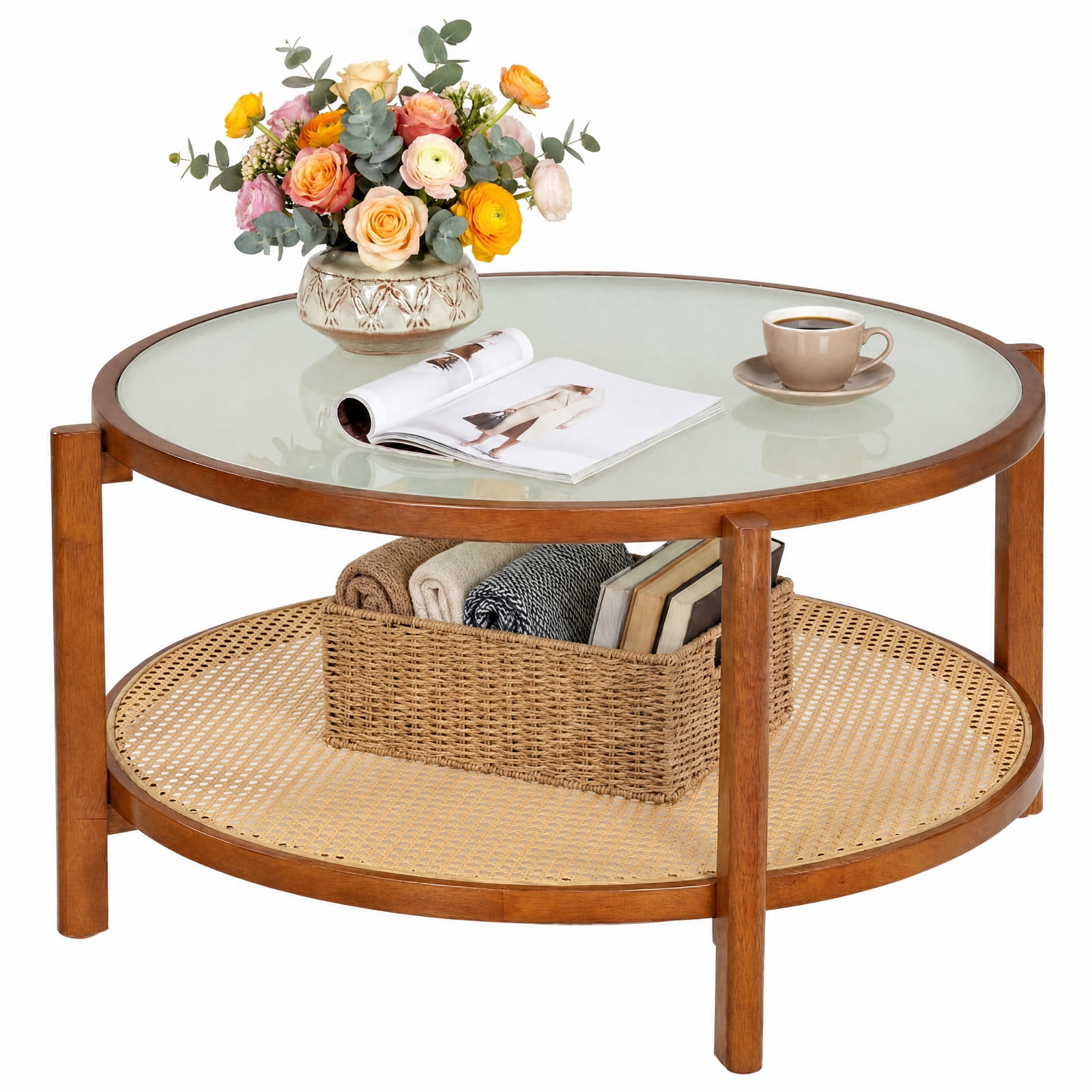 Furnibear 2 Tier Round Rattan Coffee Table with Frosted Tempered Glass Top and Acacia Wood Legs a Boho Living Room Center Table, Walnut