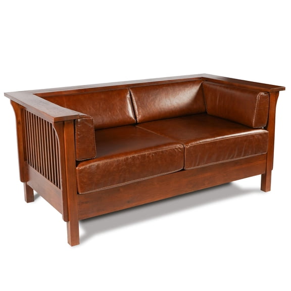 Pemberly Row Arts and Crafts Leather Cubic Loveseat in Chestnut