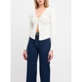 thumbnail image 2 of Faithtur Women Deep V Neck Tops Summer Twist Knot Front Long Sleeve Slim Fit Shirt Trendy Solid Color Ruched Tee, 2 of 5