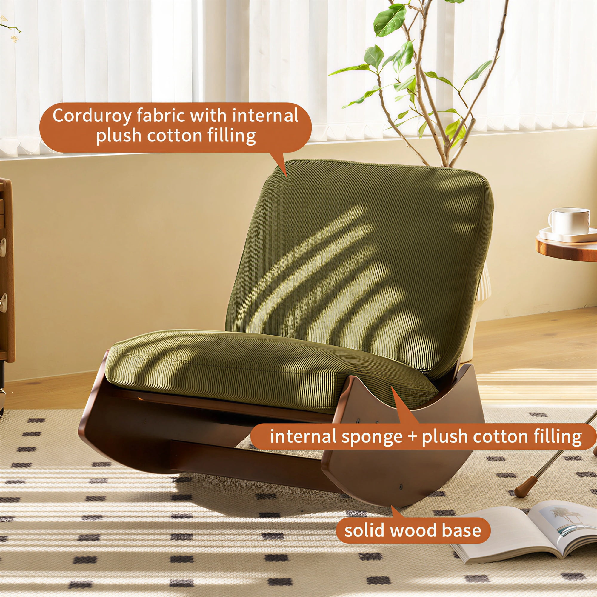 Peispie Upholstered Glider Rocking Chair for Nursery, Corduroy Accent Reading Chair with Solid Wood Frame & Side Pocket, Comfy Modern Lounge Armchair for Living Room Bedroom, 300 LBS, Green