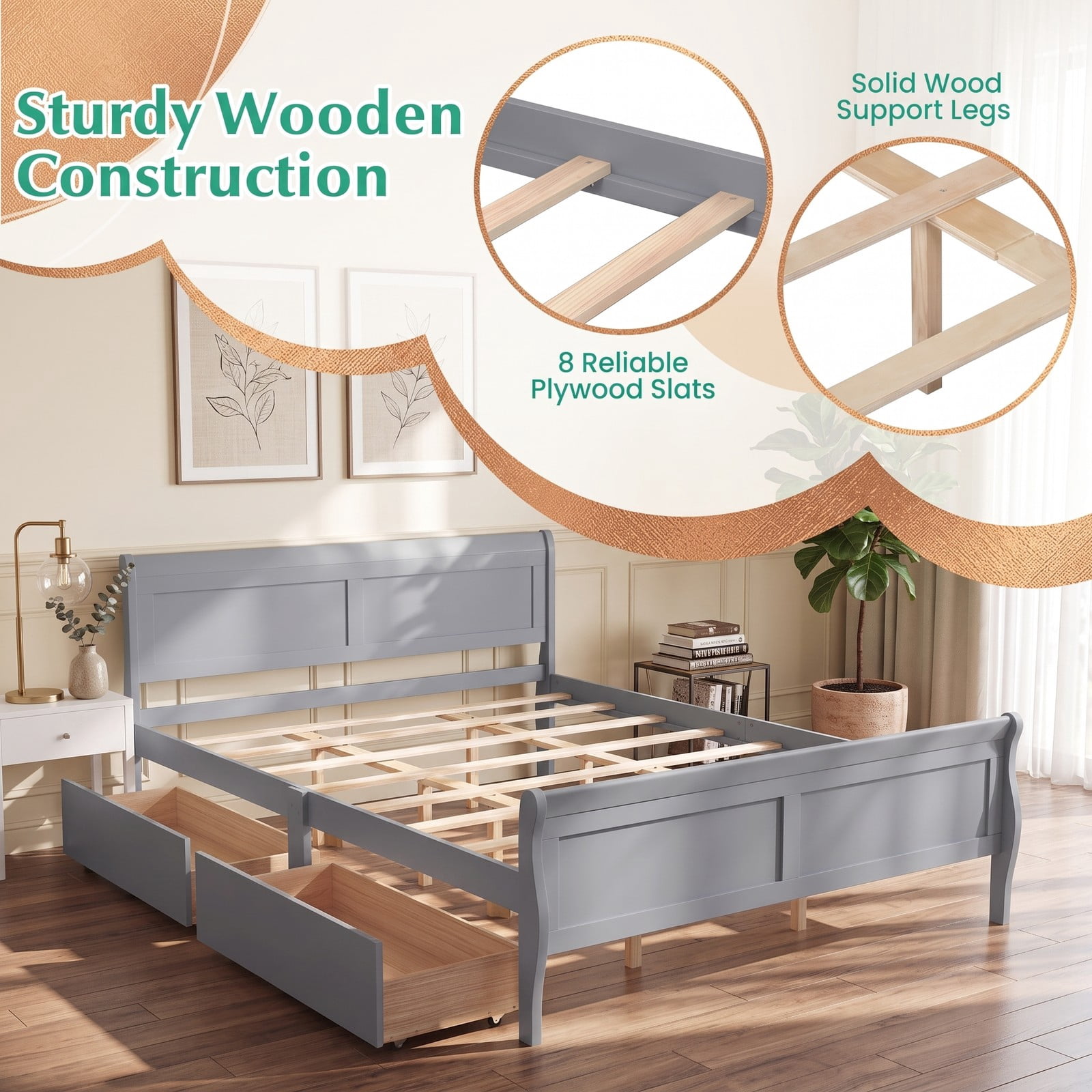 Furnibear Queen Bed Frame, Wood Bed Frame with 2 Storage Drawers Headboard and Footboard, Queen Bed Frame with Headboard for Bedroom, Gray