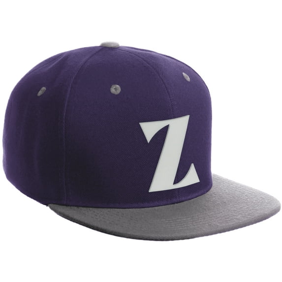 Daxton Classic Snapback Hat 3D Capital Alphabet Letters Flat Bill Visor Cap, Purple Light Grey Hat White Letter Z