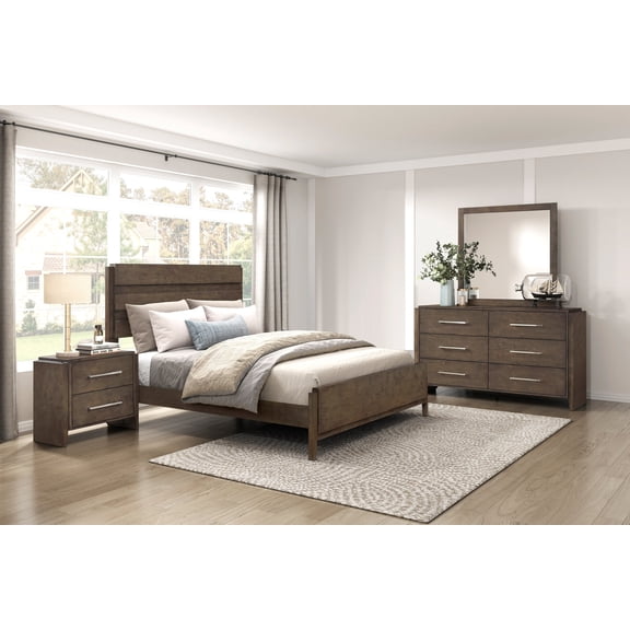 4pc Contemporary Bedroom Set King Size Durable Bed Nightstand Dresser Mirror Dark Walnut Furniture