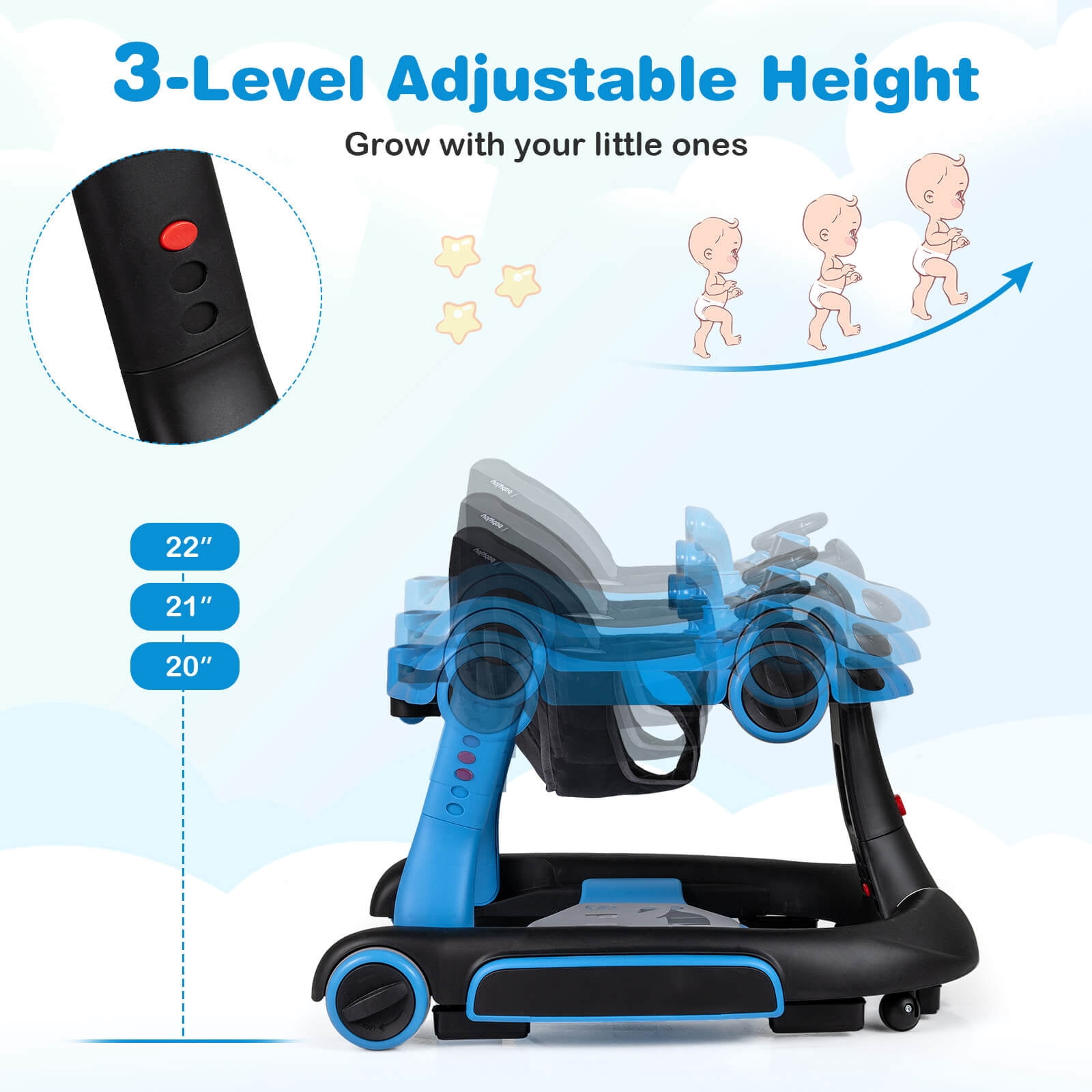 Babyjoy 6-in-1 Baby Walker with Canopy, Music, Lights, Speed/Height Adjustment & Wheels Blue + Black