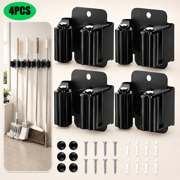 USTOP 4Pack Brooms and Mops Holder Wall Mounted with Screws,Heavy Duty Steel Utility Organizer Rack for Brooms, Mops, Rakes, Tools  Garage, Storage Room.