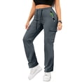 thumbnail image 4 of Women's High Waisted Wide Leg Cargo Pants - Drawstring with Pockets Work Casual Trousers, Dark Gray Size S, 4 of 5