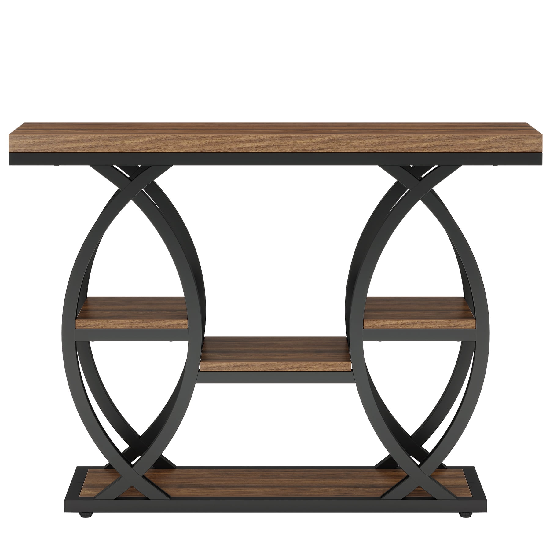 Fnova 39.4" Industrial Console Table, 4-Tier Retro Staggered Storage Shelves, Narrow Wood Accent Table with Metal Frame, for Small Spaces, Entryway, Sofa, Hallway