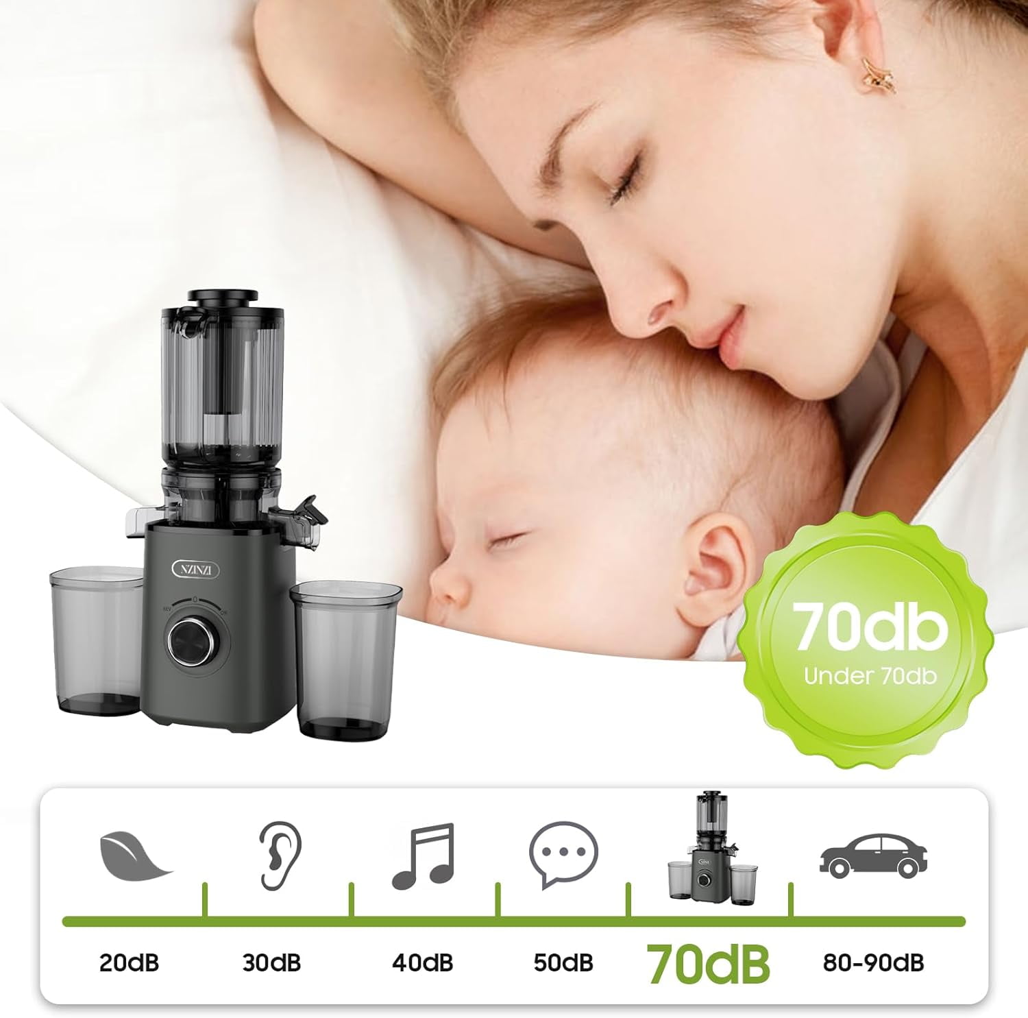 NZINZI Cold Press Masticating Juicer, Self-Feeding Large Chute, Easy to Clean, Dark Gray