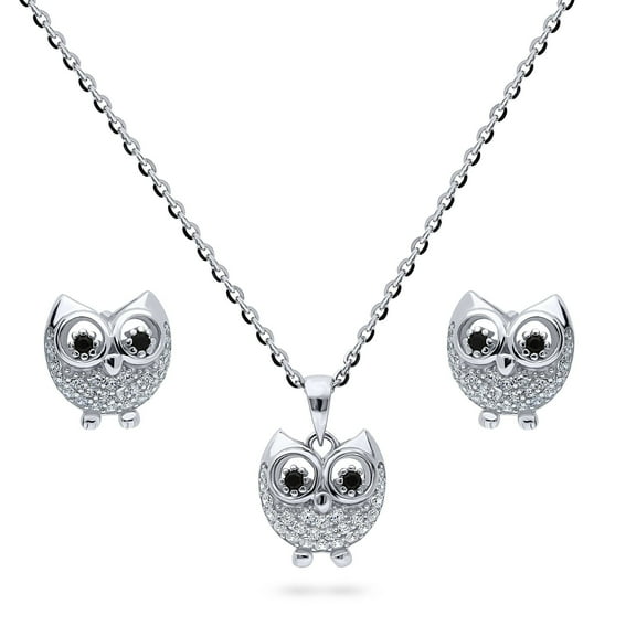 BERRICLE Sterling Silver Owl Cubic Zirconia CZ Fashion Necklace and Earrings Set for Women, Rhodium Plated