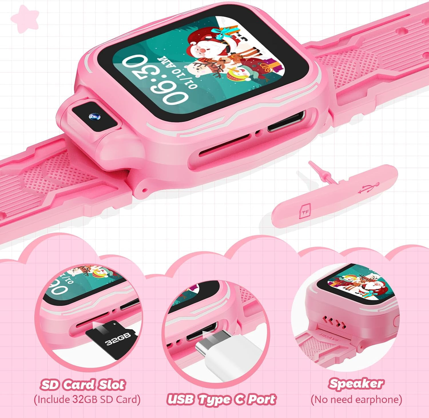 Kids Digital Watch Girls, Best Christmas Birthday Gifts for Age 3 4 5 6 7 8 9 Years Children,Touchscreen Toddler Sport Smart Watch with Camera FM MP3 Pedometer - Light Pink with 32GB SD Card