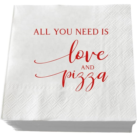 20pcs Wedding Napkins Red Foil "All You Need is Love and Pizza" Paper Cocktail Napkins Bar Berverage Napkins for Engagement Rehearsal Dinner Luncheon Dinner Party Decorations 3-Ply 5"x5"