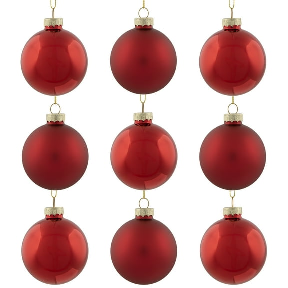 9-Piece Shiny and Matte Red Glass Ball Christmas Ornament Set 2.5" (65mm)