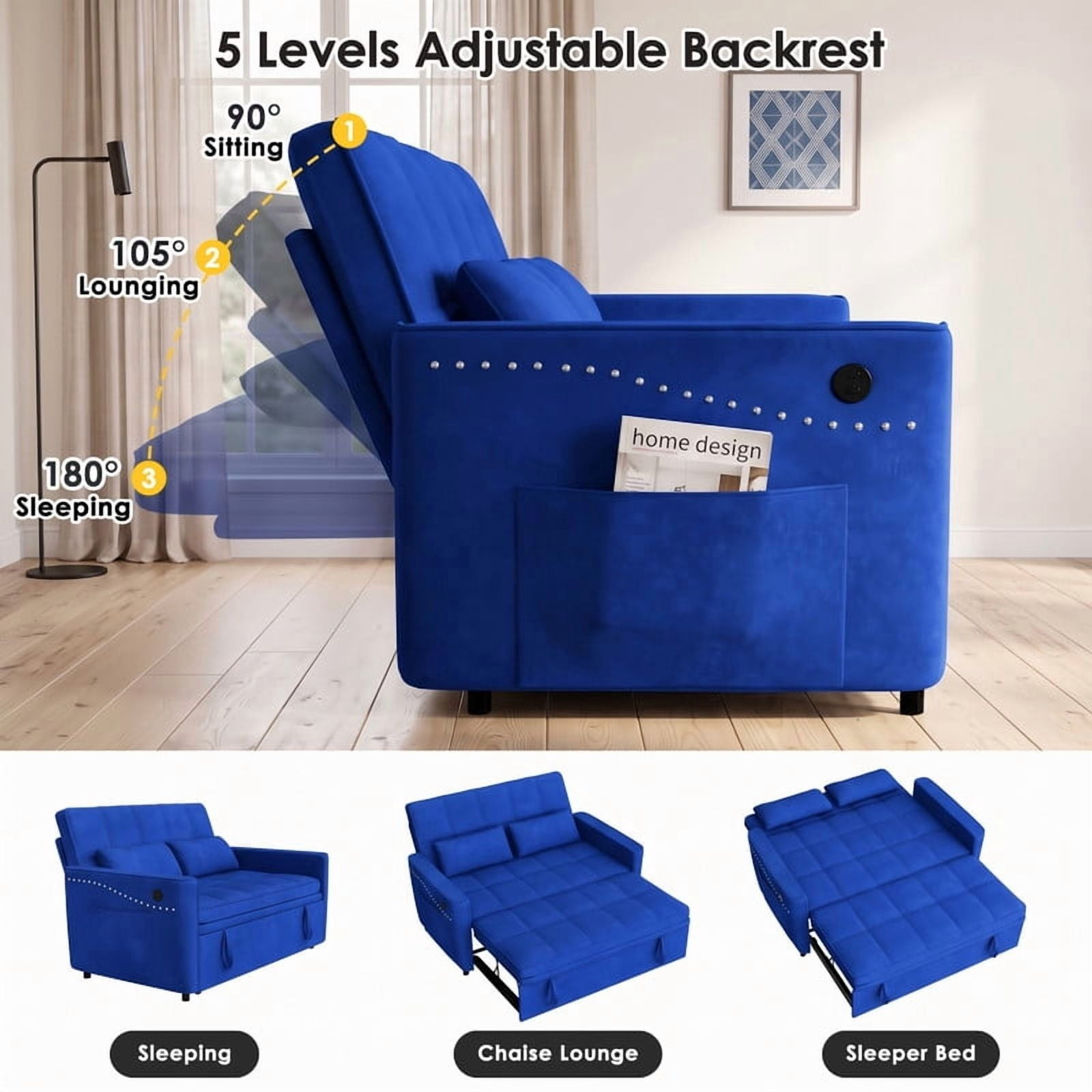 Anpport 54" 3‑in‑1 Convertible Sofa Bed, Sleeper Couch with USB Charging Port, Nailhead Trim & Throw Pillows, Loveseat for Living Room Apartment Small Space, Blue