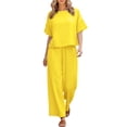 thumbnail image 5 of Women's Casual Two Piece Set, Loose Fit Short Sleeve Top and Wide Leg Pants, Comfortable Loungewear Set for Women, Breathable Outfit for Daily Wear, Home, and Relaxation-Yellow, 5 of 6