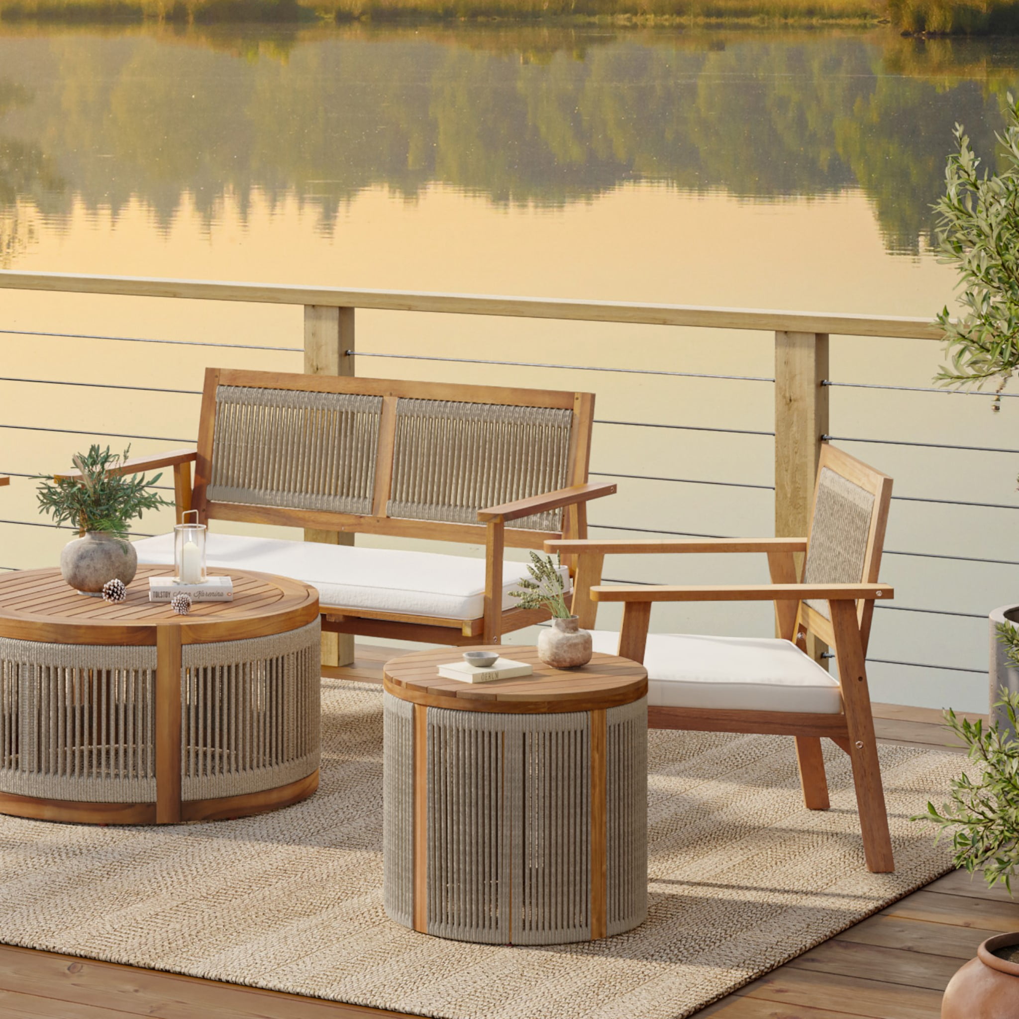 LuxenHome Outdoor Acacia Wood Rope Sides Round Drum Side and End Tables