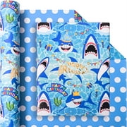 Vnaaem Reversible Shark PriNst Wrapping Paper Roll for Boys Kids - Ocean Birthday Gift Wrap & Blue Polka Dot Design for Holiday Baby Shower DIY Craft Party - 17 in x 20 ft(Total 28.5sq.ft)