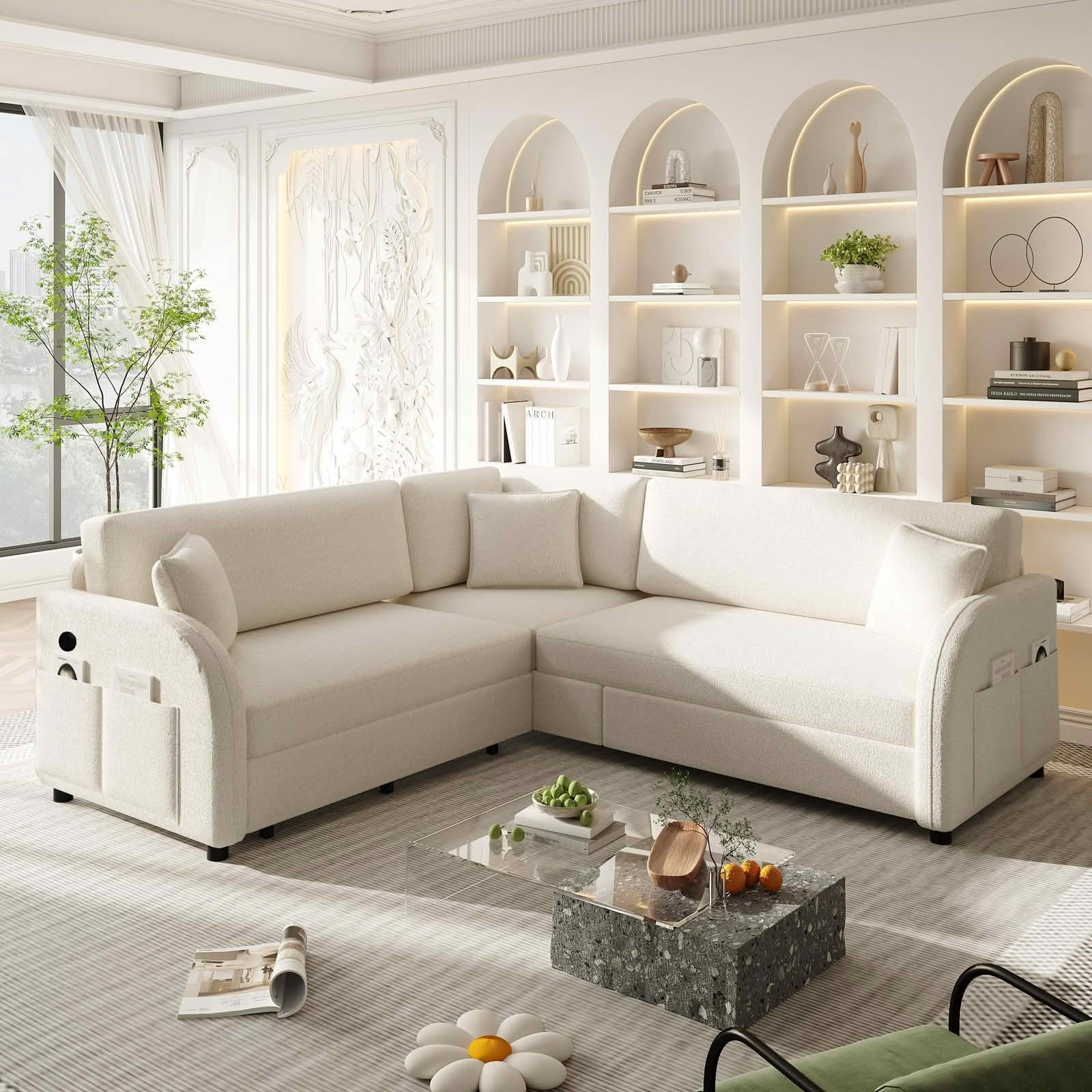 MAYEERTY 85.1" L‑Shaped Convertible Sleeper Sofa Bed, Sherpa Fleece Sectional Couch with Pull‑Out Bed, Side Pocket and USB Port