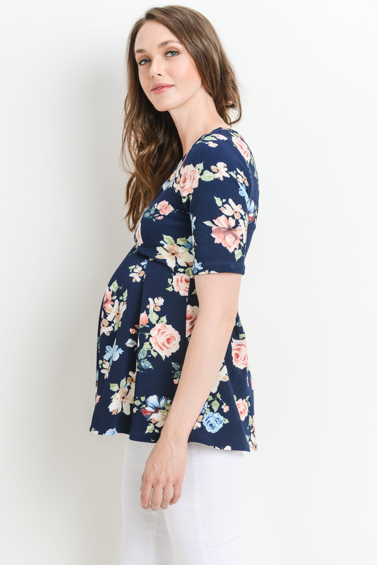 LaClef Women's Floral and Polka Dot Pleated Peplum V Neck Maternity Top