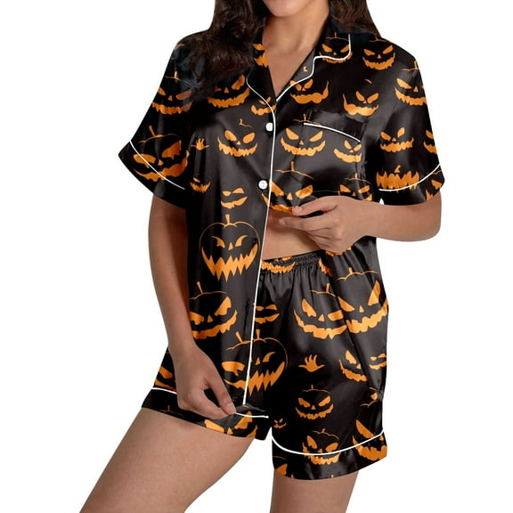 XIAONU Womens Pajama Sets Halloween Printed Button-Front Short-Sleeve Top And Shorts Comfortable Pajama Set With Pockets