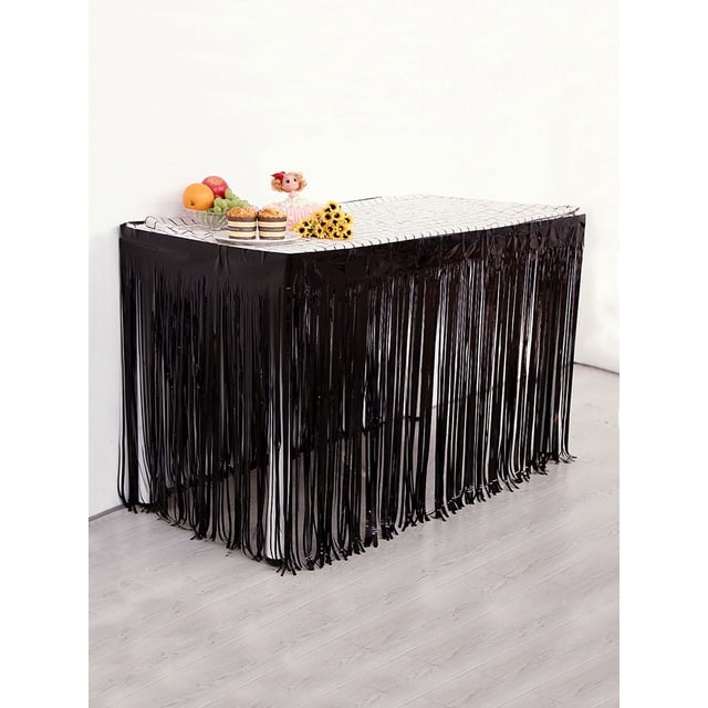 Nvzi Juego de 5 faldas de mesa con flecos metálicos de 29 x 108 pulgadas (9 pies de largo) de color negro, faldas desechables de oropel para carrozas de desfile,cumpleaños, baby shower, boda