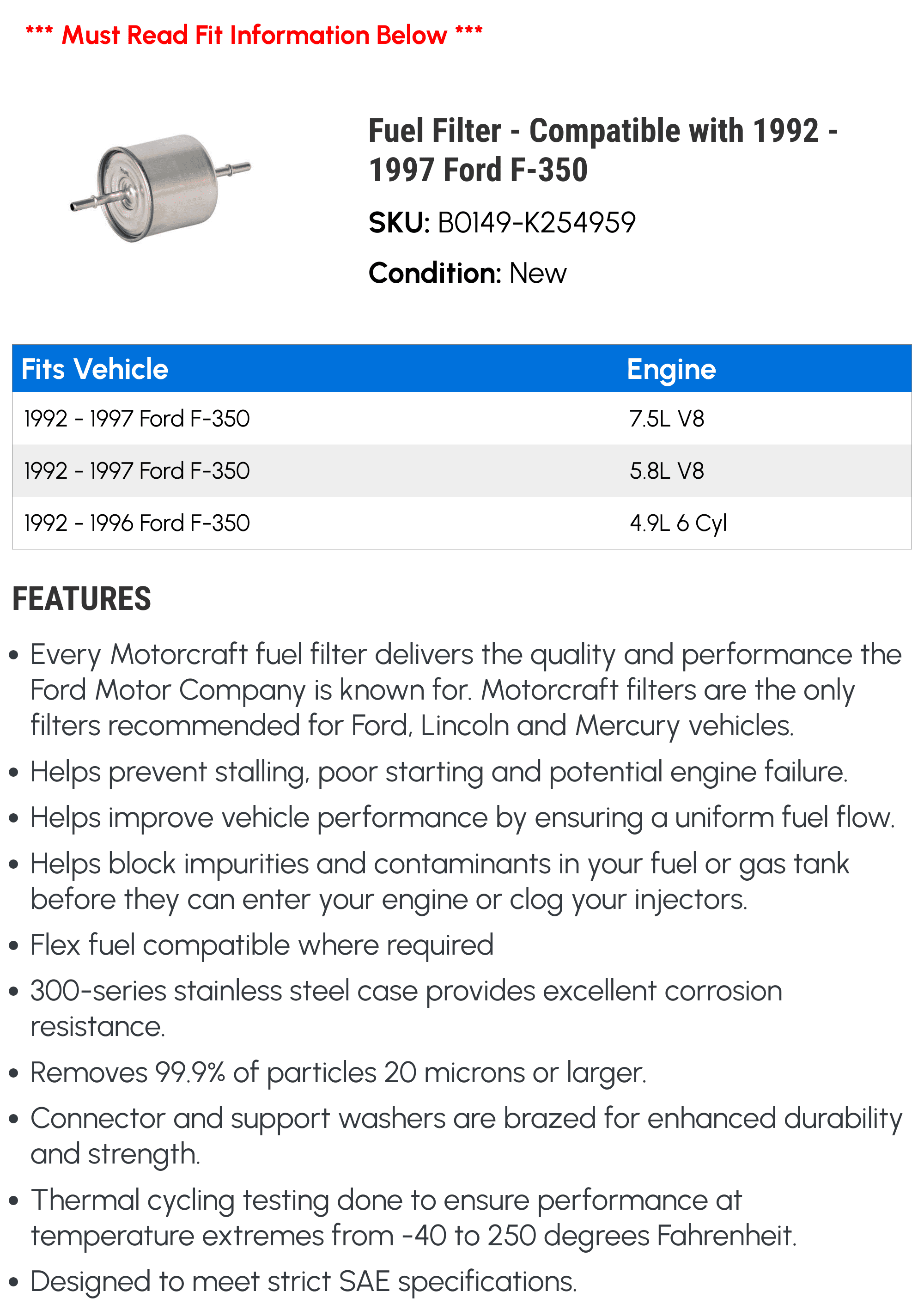 Fuel Filter - Compatible with 1992 - 1997 Ford F-350 1993 1994 1995 1996