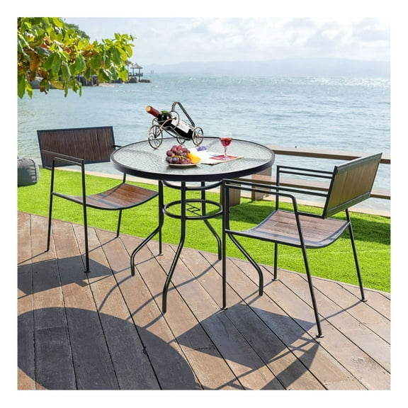 32" Patio Round Table with Umbrella Hole, Tempered Glass Steel Frame Outdoor Table, Weather Resistant Bistro Table for Garden, Backyard, Balcony, Black