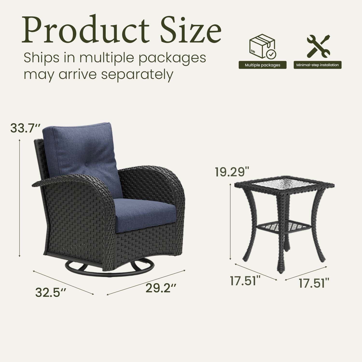 LayinSun 3 Pieces Patio Outdoor Conversation Set, Wicker Furniture Set with Swivel Chairs and Fire Pit Table 2-Seat