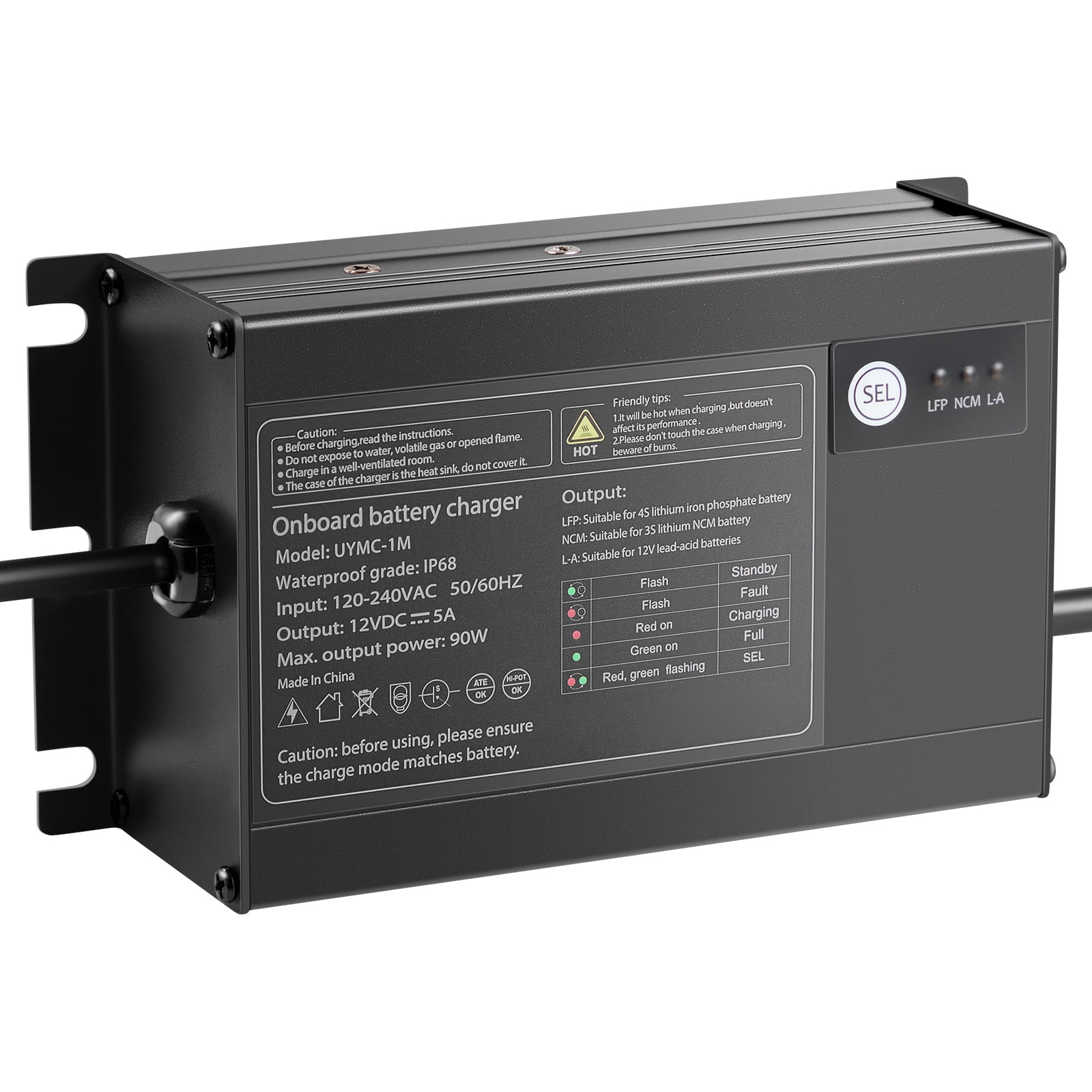 KFFKFF 1-Bank 5A 12V Onboard Marine Battery Charger, IP68 Waterproof Smart Charger for Lithium-Ion (LiFePO4), NCM, and Lead-Acid Batteries, Suitable for Boats, Yachts, RVs, and Trailers