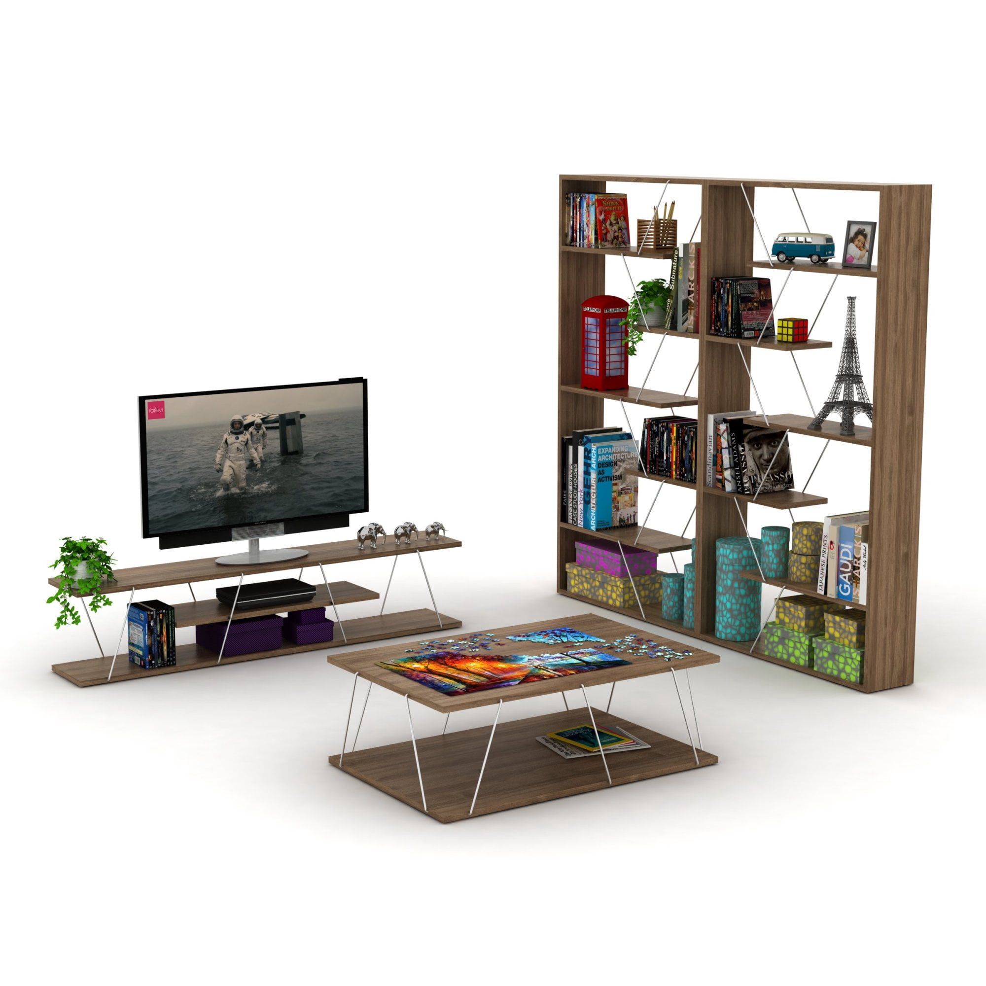 ZHAOXIXING Furniture Wood Frame Etagere Open Back 6-Shelf Bookcase, Walnut/Chrome