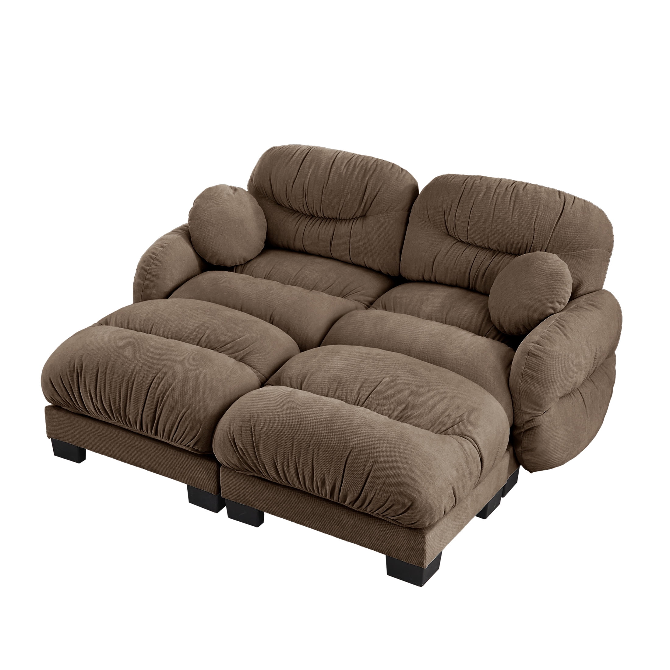 Noble House Corlan Pleated Chenille 2-Seater Sectional Sofa, Modular Deep Seat Couch with 2 Ottomans and Throw Pillows, Brown