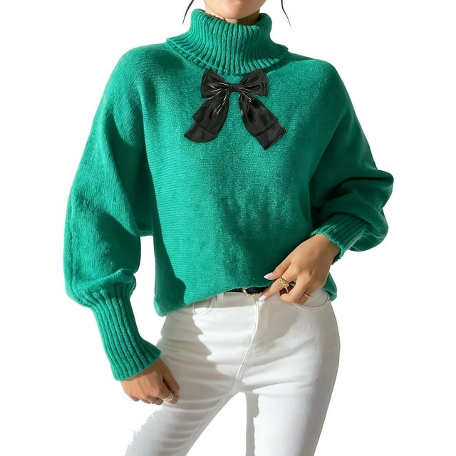 Chandail pour Femmes, Col Roulé Manches en Dentelle Nœud Décoré Tricot, Pulls pour Femmes