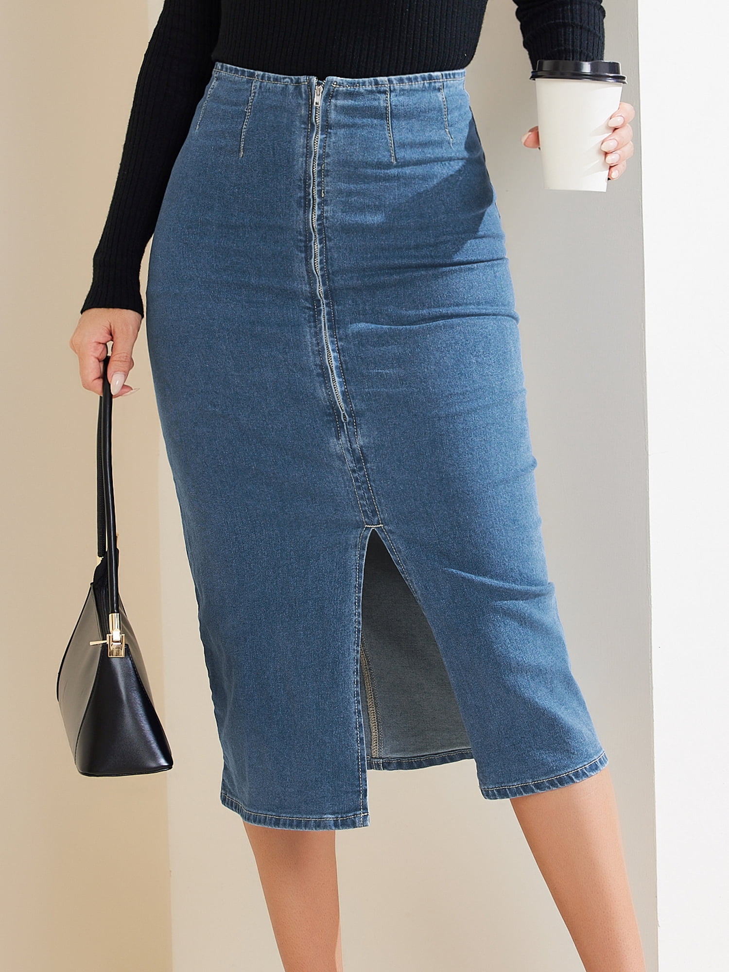 DARING DIVA Women's Denim Front Slit Zipper Bodycon Midi Jean Skirt L Blue