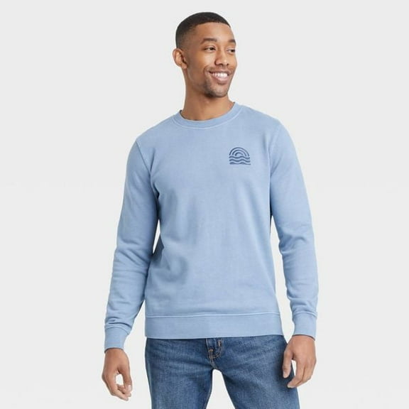 Men's French Terry Crew Neck Pullover Sweatshirt - Goodfellow & Co™ Rig Blue XXL: Heavyweight, Relaxed Fit, Wave Pattern