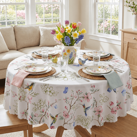 Verolix Round Tablecloth 70 Inch, Bird Floral Table Cover Polyester Waterproof Washable Table Cloth for Dining Kitchen Indoor Outdoor Decor