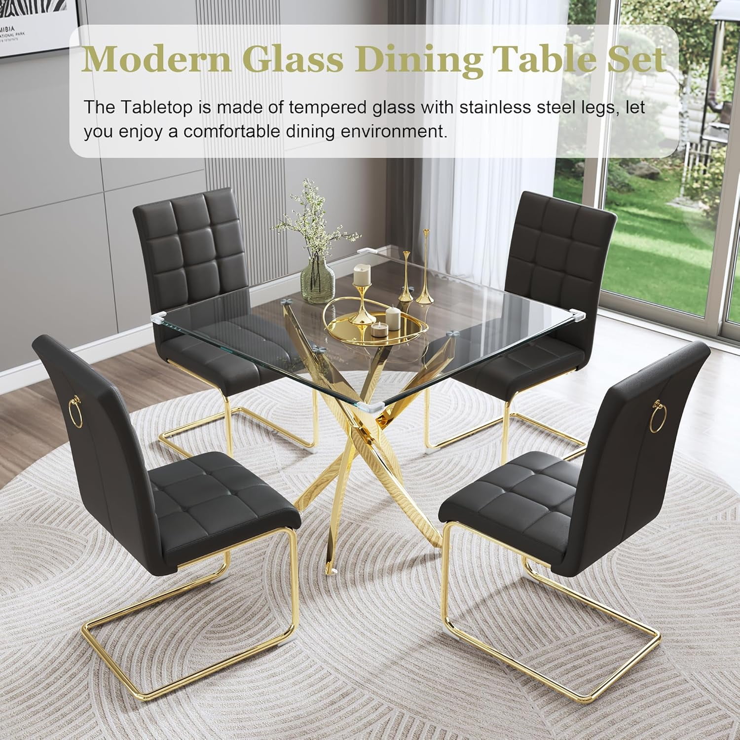 5-Piece Dining Table Set, 36" Square Clear Tempered Glass Table & 4 PU Cantilever Chairs with Stainless Steel Legs, Dining Table Set for Small Space, Apartment, Home Office