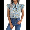 thumbnail image 1 of Blusas Bohemias de con Cuello Alto, Corta con Volantes y Estampado Floral para Mujer, Estilo Informal, Elegante, de Verano 2025. Azul L, 1 of 7